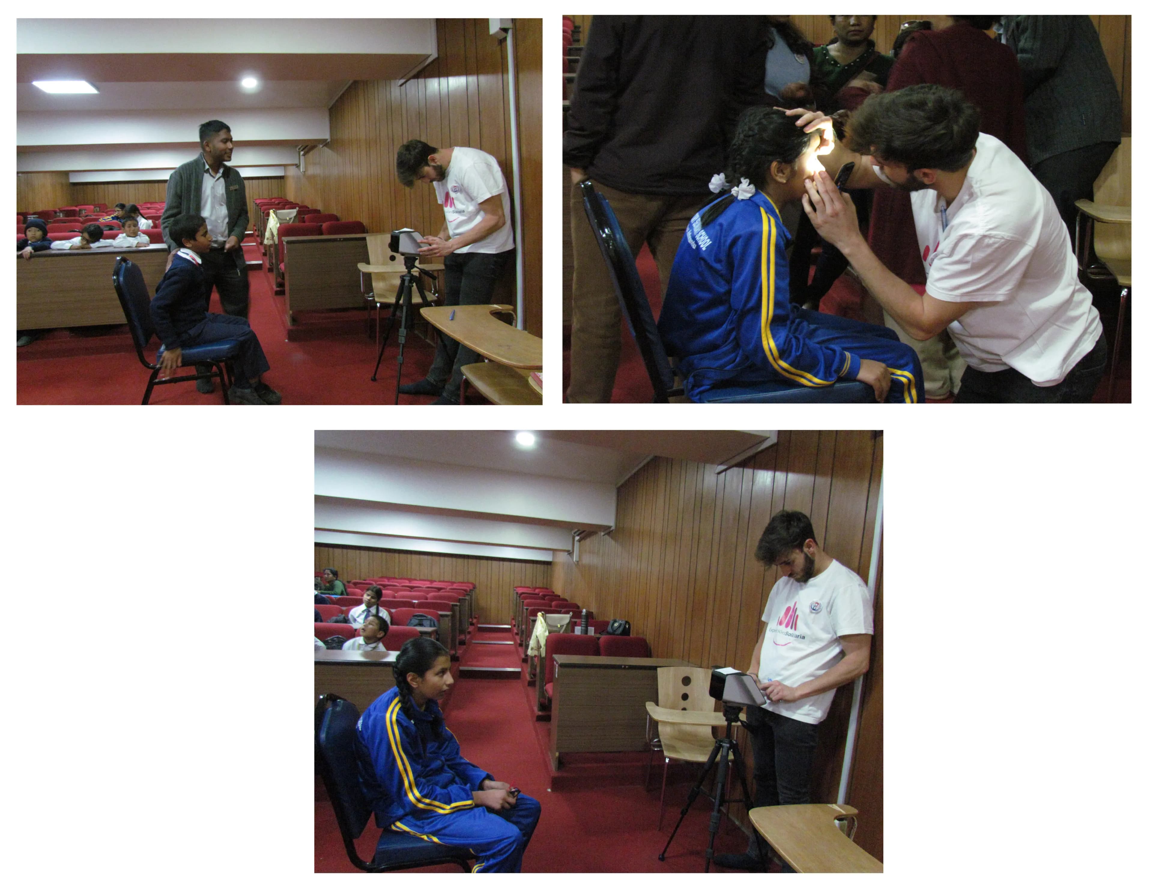 Collage picture of Dr. Guillermo Rodriguez Cortes inspecting the eyes of children with low vision. In the 1st picture, Dr. Guillermo is instructing the child and Founder & Director of CFC Abhishek Shahi is interpreting. 2nd picture, he is clicking the eye through a machine. In 3rd picture, he is looking through a torch light and checking the eyes of the child with low vision.