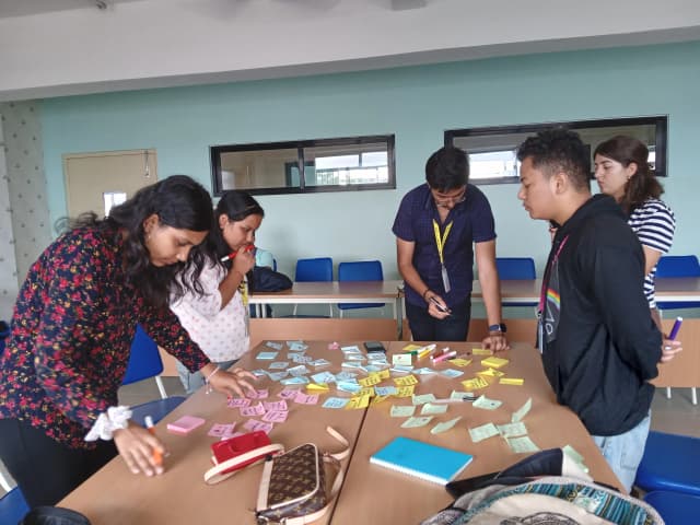 A picture where dedicated team members are reading the sticky notes and are marking them with a marker.