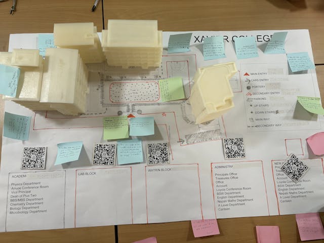 A picture showing 3D maqueta of St. Xavier's College and on that there are some sticky notes containing feedbacks and suggestions which requires changes.