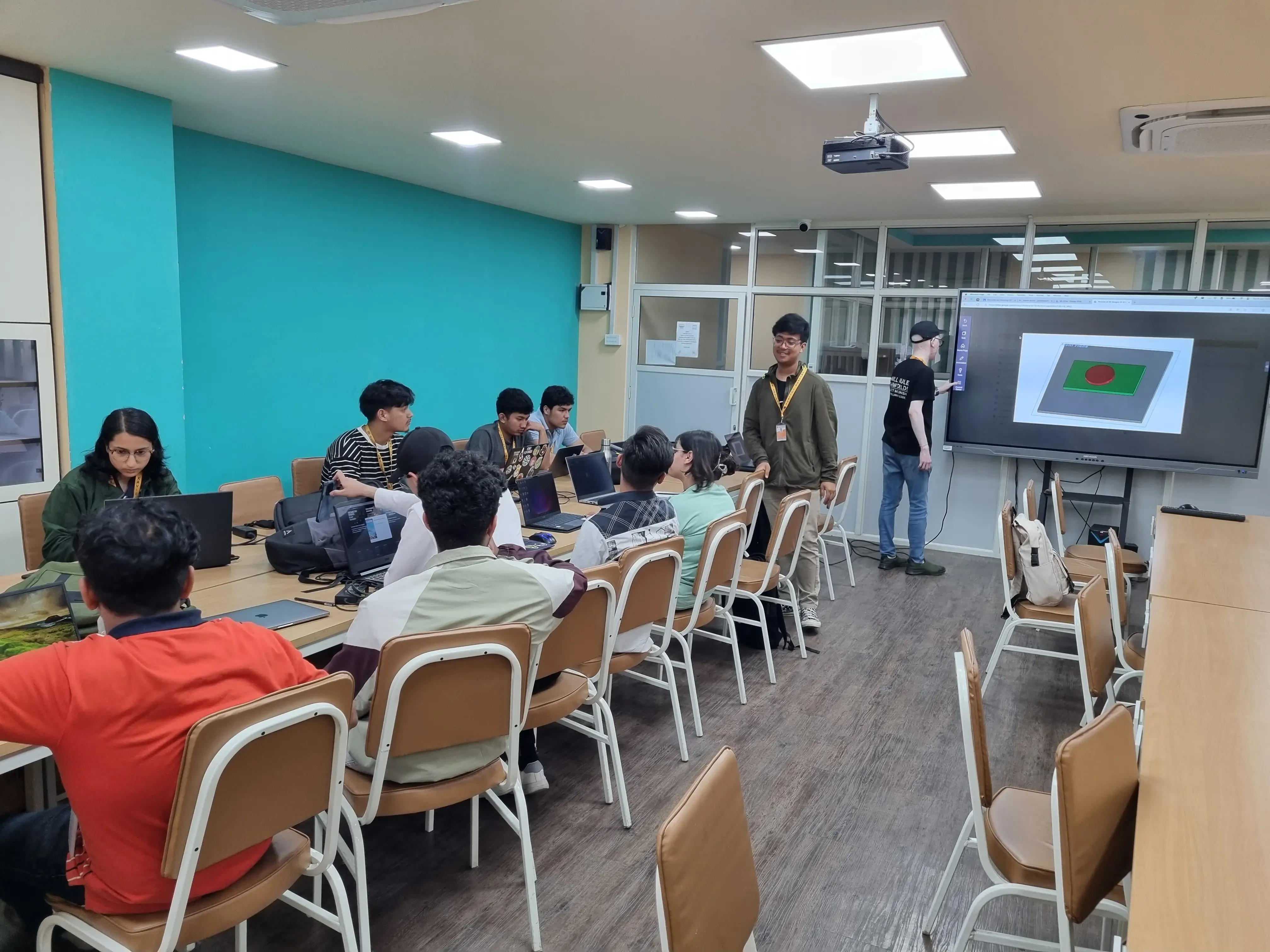 Joon Shakya - our IT & Creative Specialist and Aayush Shrestha - project member (2023/24) are guiding and instructing around 9 new project members from computer team to use 3D designing software.