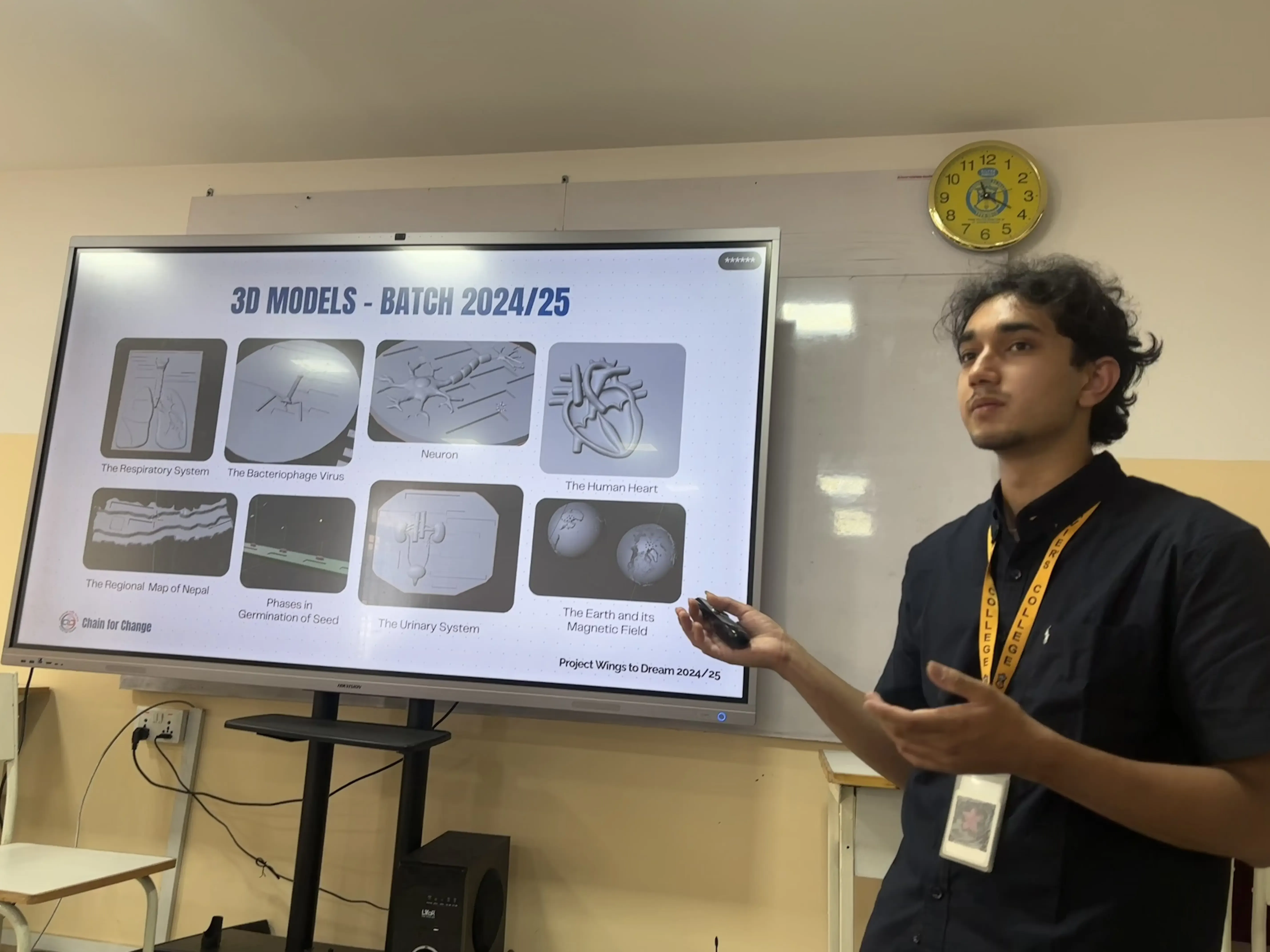 Lead of Computer Department, Mr. Supreme Khadka is presenting the 3D models that were design by his fellow batchmates. In the screen, different concept of 3D models are observed.