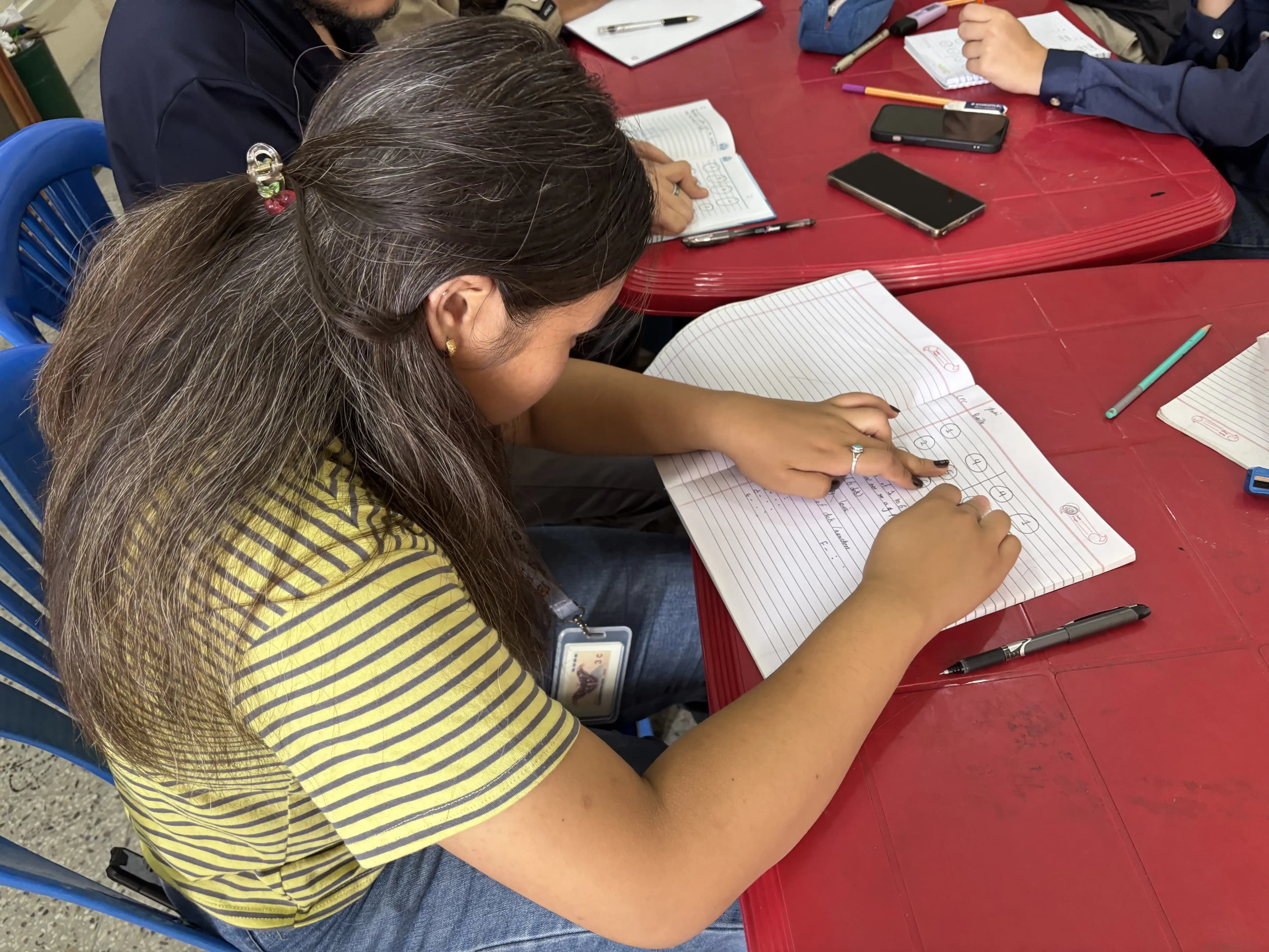 One of the project members, Ms. Muhingma Limbu is covering the selective circle that is assumed to be  6 braille dots in her notebook.