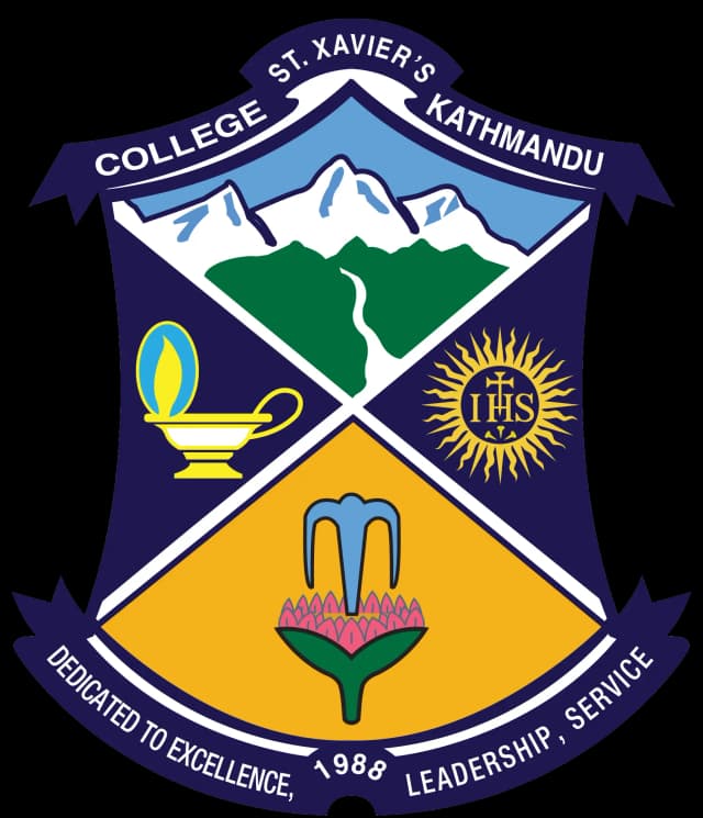 Circular logo of St. Xavier's College, Maitighar. At the center is a shield divided into four parts. The top left shows a bright sun with rays. The top right shows a mountain range. The bottom left shows a book, symbolizing learning. The bottom right shows a lotus flower. Above the shield is a cross. Around the shield, a circular band reads "St. Xavier's College, Maitighar, Kathmandu." The design is mainly blue and white.