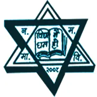Logo of Namuna Machindra School. It contains a six-pointed star, created by overlapping two triangles. In the center of the star, there is an open book with Devanagari script written on its pages. The words in the book appear to be "विद्या धनम्," meaning "knowledge is wealth" in Sanskrit/Nepali. Surrounding the central image, within the points of the star, are additional Devanagari characters: "न.", "म.", "मा.", "वि.", and the number "२००८" (2008), which refers to its establishment date.