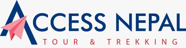 Logo of "ACCESS NEPAL TOUR & TREKKING". The text "ACCESS NEPAL" is in a large, dark blue, sans-serif font. The initial "A" is stylized as a triangular mountain peak, with a pink paper airplane flying across it. Below, the words "TOUR & TREKKING" are in a smaller, thin, red, spaced-out sans-serif font. The background is in plain, light grey color.