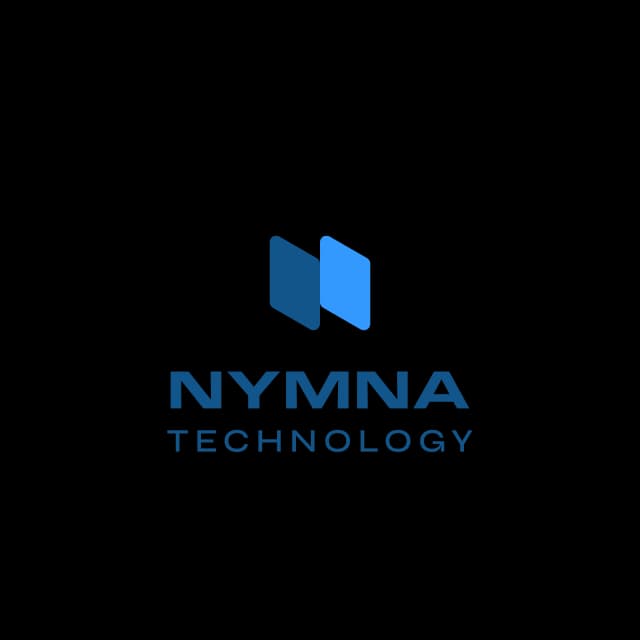 Logo of "NYMNA TECHNOLOGY" against a solid black background. The design features an abstract symbol composed of two overlapping, upward-slanting parallelograms. The one on the left is a dark blue, while the one on the right is a brighter, lighter blue. Below the symbol, the word "NYMNA" is in a bold, dark blue, sans-serif font. Underneath, "TECHNOLOGY" is written in a thinner, lighter blue font with spaced-out lettering.