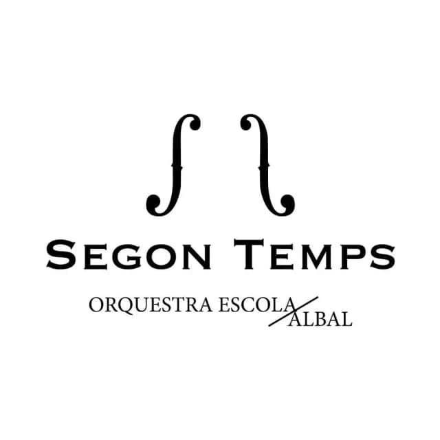 Logo of Segon Temps. At the top, there are two stylized f-holes, commonly found on string instruments like violins, placed symmetrically to suggest a musical theme. Below these, the large text reads: 'SEGON TEMPS'. Under that, in smaller capital letters, 'ORQUESTRA ESCOLA' appears, and just below, the word 'ALBAL' is written with a diagonal line crossing through it from left to right.
