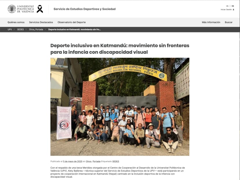 The screenshot of the article: "Deporte inclusivo en Katmandú"