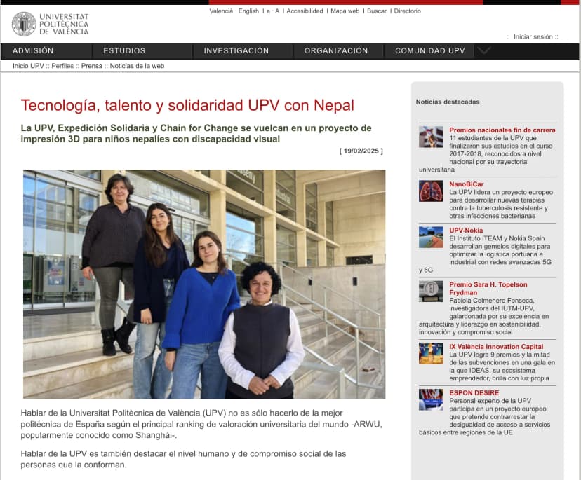 The screenshot of the article: "Tecnología, talento y solidaridad UPV con Nepal" which was also broadcasted in the television of the local university