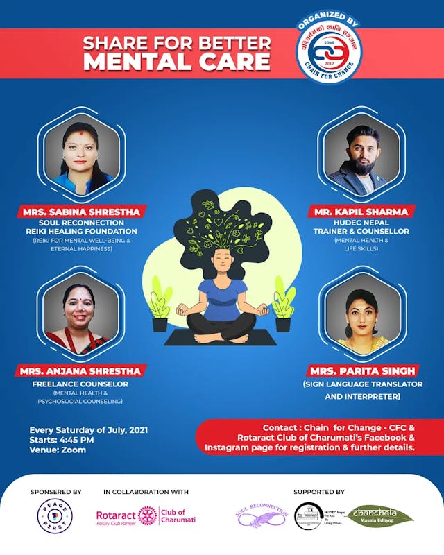 This is a poster of Share For Better Mental Care event where headshot of facilitator’s Mr. Kapil Sharma, Mrs. Anjana Shrestha and Mrs. Sabina Shrestha is observed along with sign-language interpreter Mrs. Parita Singh.