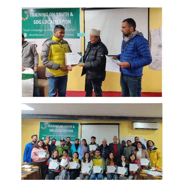 This is a collage of two pictures. In the top picture the Founder & Director of Chain For Change Mr. Abhishek Shahi is receiving a certificate from the chief guest. On the bottom, a group pictures of all the representatives of various organizations is observed.