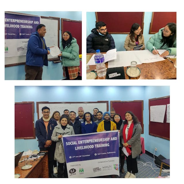In the picture, on the left side, Director of URJAA Nepal is handing over a certificate of Participation to our secretary Ms. Pasang Phuti Sherpa while on the right side, a team work session is being held where the participants are discussing a specific topic given to them and further, in the bottom picture, there is a group picture with the program banner including all the participants, facilitators and organizers.