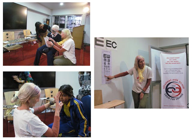 Collage picture of Dr. Cristina Gomez Vicente inspecting the eyes of children with low vision. In the first picture, she is making a child read. In 2nd picture, she is closing one eye of a child with low vision and checking her vision and in 3rd picture she is showing the Snelling chart. On the background a banner of Chain For Change is also observed.