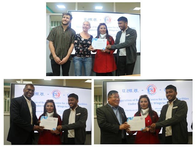 Collage picture of presenting certificate of appreciation to all the partners of Chain For Change. On the 1st picture, Abhishek Shahi (Founder & Director) & Sanjiya Shrestha (Cofounder & Treasurer) presenting certificate to Dr. Cristina Gomez Vicente and Dr. Guillermo Rodriguez Cortes representing Expedición Solidaria. 2nd picture, founders of CFC handing over the certificate to Fr. Augustine Thomas S.J Principal of St. Xavier’s College, Maitighar and on 3rd picture, founders of CFC handing over the certificate to Dr. Lakpa Sherpa the principal of Laboratory Secondary School, Kirtipur, Kathmandu.