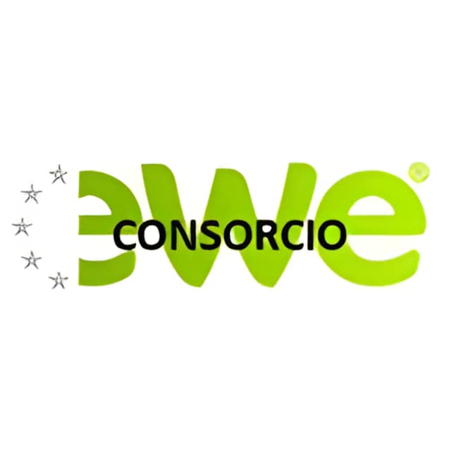 A logo of "EWE Consortium". It has a bright green lowercase word "ewe" in large rounded letters, the black uppercase word "CONSORCIO" centered across the middle of the three green letters, six small black stars arranged in a half circle to the left of the first "e," and a small green dot above and to the right of the final "e," all on a white background.